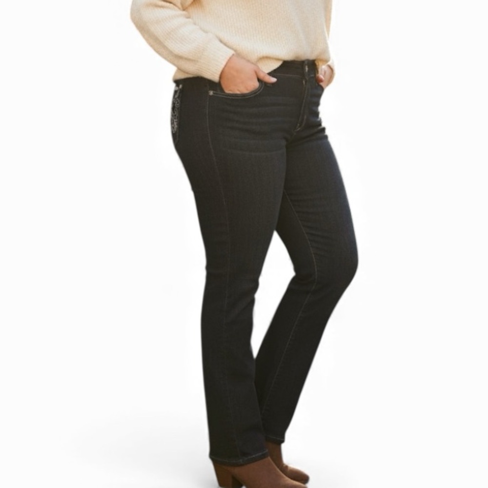 d.kin 16W Plus Size Dark Wash Denim Embroidered Bootcut Stretch Jeans - Picture 2 of 11